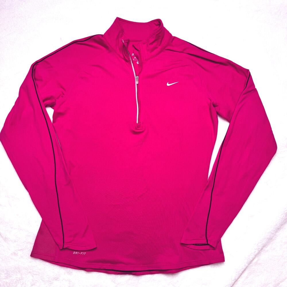 NIKE Magenta Pink Long Sleeve DRI-FIT Mock Neck 1/4 Zip Athletic Pullover Top
